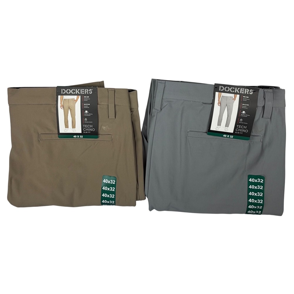 Dockers Tech Chino Men 40x32 NEW Slim Fit Stretch Pants Khaki Gray Lot of 2
